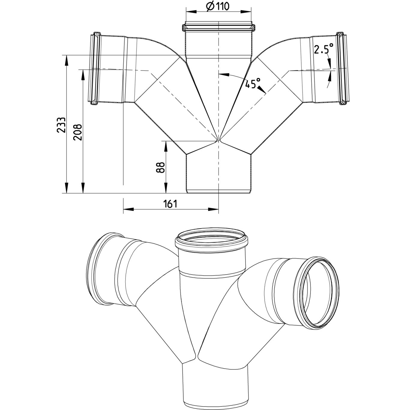 Line Drawing - Double swept branch-87.5-90